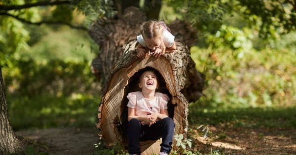 Blog, dziewczynka siedząca w pniu drzewa